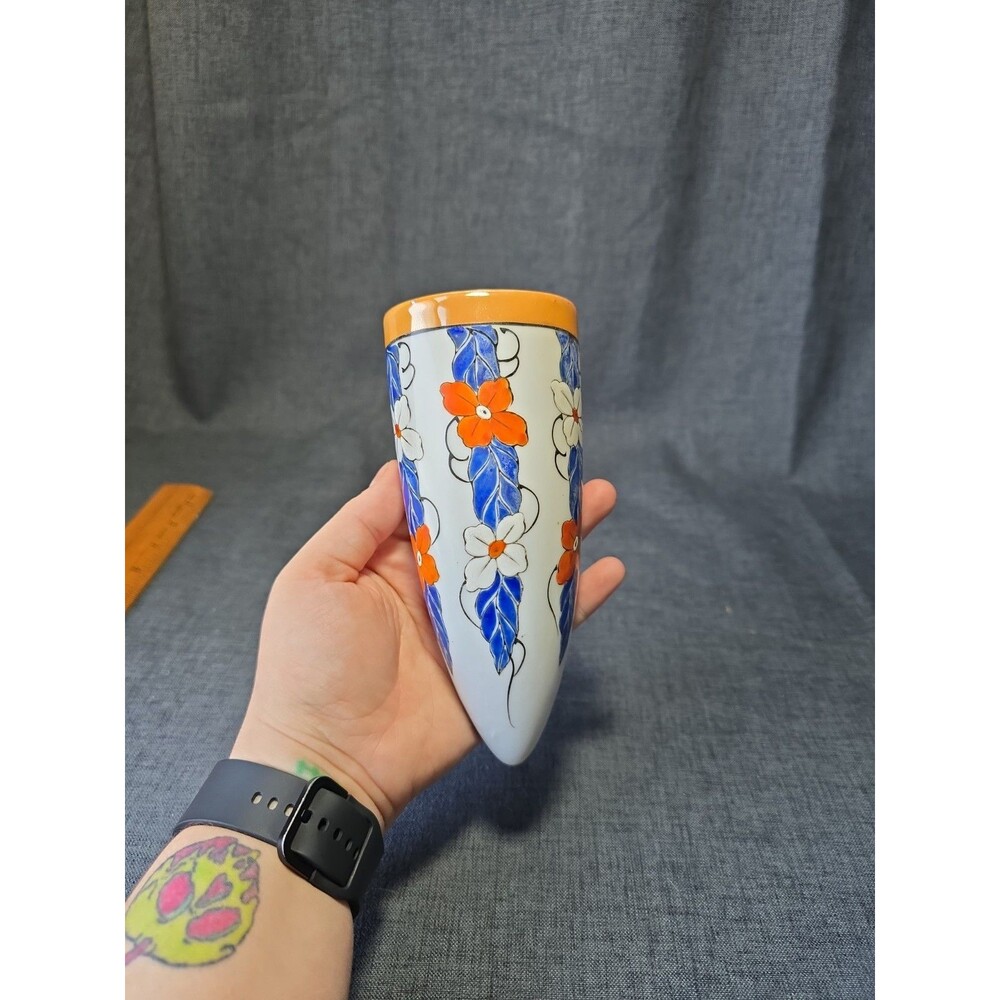 Vintage Japanese Lustreware Blue Orange Flowers Art Pottery Wall Pocket 7" Cute
